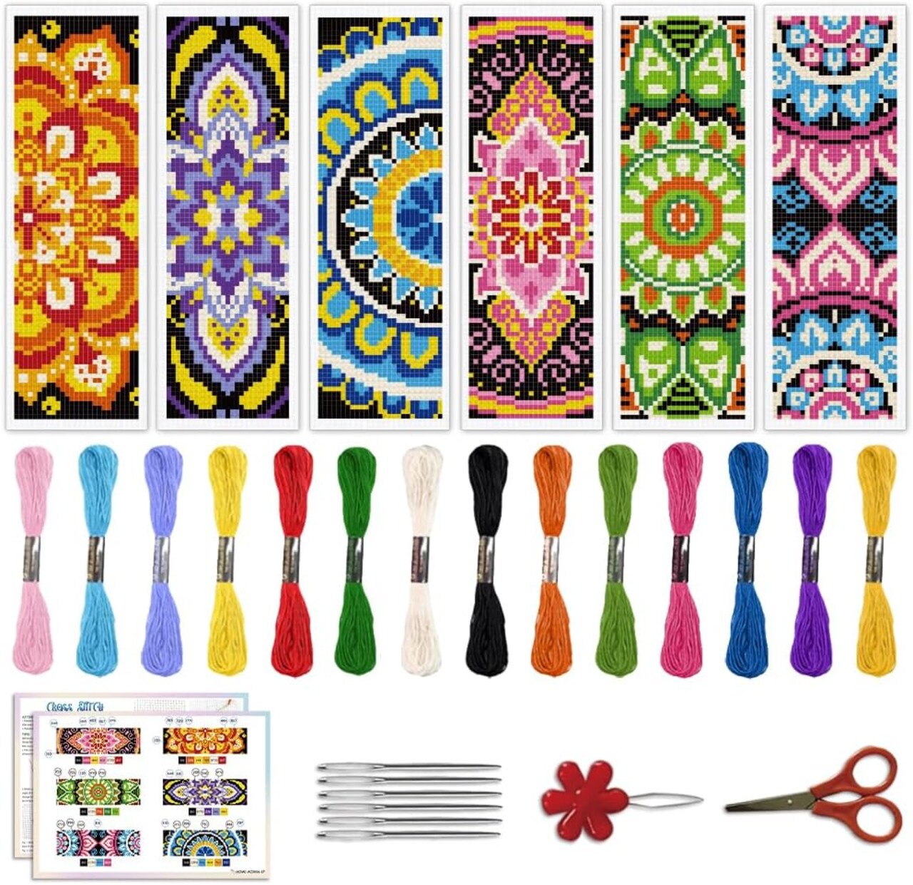 6PCS Mandala Stamped Cross Stitch Bookmark Kit for Adults – DIY Embroidery Bookmarks with 11CT Pre-Printed Fabric, Threads, Needles & Instructions, Beginner-Friendly Handcraft Gift